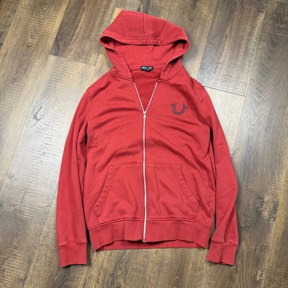True Religion Mens S Red Full Zip Hoodie Horseshoe Logo Graphic Y2K